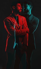 Image showing Fashion, double exposure and man in dark studio and neon lighting in vintage clothes, elegant and classy suit. Creative aesthetic, shadow and male model with luxury, designer and stylish clothes