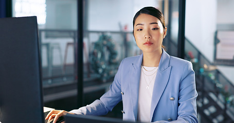 Image showing Watch, deadline and computer with a business asian woman working late at night in her office for overtime. Finance, accounting and dedication with a female employee at work in her corporate workplace