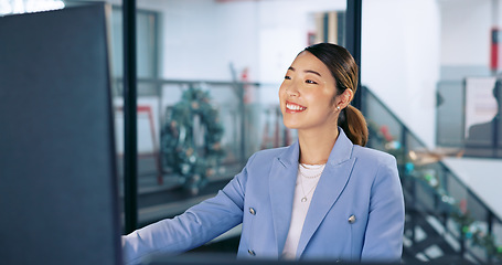 Image showing Business woman, happy and smile with success, target goal reach and job satisfaction, professional and bonus at Seoul office. Asian worker, happiness and excited, content and pride in work and career