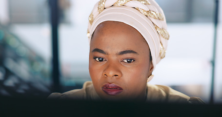 Image showing Computer, startup or face of black woman programmer for cybersecurity, app coding or data analysis in office. Business, tech or employee with pc reading software code, programming or data analytics.