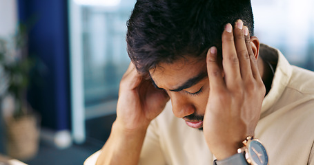 Image showing Headache pain, stress anxiety and man with migraine problem, workout burnout and depressed over job mistake. Medical healthcare crisis, mental health depression and businessman sad over career fail