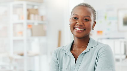 Image showing Motivation, goal and business woman looking happy and proud in a startup company office. Leader, vision and small business owner enjoying her career success at new workspace, empowered and powerful