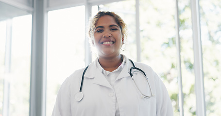 Image showing Face, woman and doctor for healthcare, wellness or medicine. Female, portrait or medical professional with smile, leader or confident with uniform, stethoscope or motivation in hospital