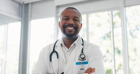 Image showing Healthcare, confidence and portrait of doctor with smile in office at hospital, black man in medical job. Proud man, leader in medicine with support, trust and leadership at clinic in South Africa.