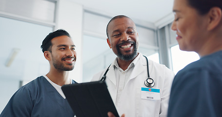 Image showing Doctors teamwork, tablet and handshake in hospital in sequence. Collaboration, celebration and group of people or nurses researching with digital touchscreen, huddle and celebrating goals or targets.