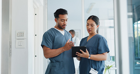 Image showing Medical advice, help and doctors with a tablet for healthcare, research and medicine planning. Communication, collaboration and men working in cardiology talking about surgery results on technology