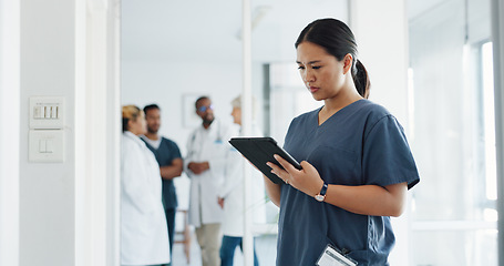 Image showing Tablet research, healthcare and woman doctor in hospital for telehealth. Digital technology, nurse and medical surgeon check mobile app for data analysis, online test results and clinic information