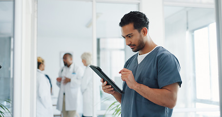 Image showing Doctor, tablet and research or planning schedule for healthcare, online medical consultation or search website. Asian man, nurse and reading report or patient analysis on tech device in hospital