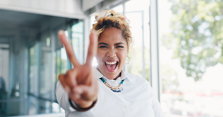 Image showing Business woman, peace and in office with sign, happy and motivation. Hispanic female, girl or hand gesture for solidarity, funny or goofy for break, laughing and joyful with smile, success and vision