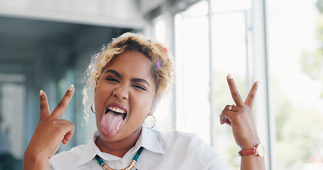 Image showing Funny black woman, peace hands and office with smile, face and laughing at finance agency by window. Happy corporate executive, financial expert and comic time for crazy happiness at work in New York