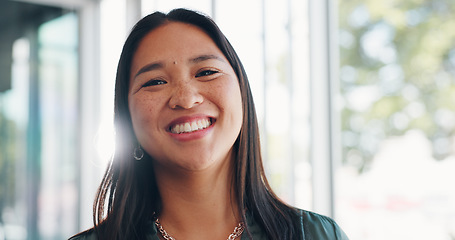 Image showing Happy, face and Asian woman with business mindset, thinking and confident. Young female, girl or entrepreneur with smile, joy and focus for startup company, sunshine or laughing for success or relax