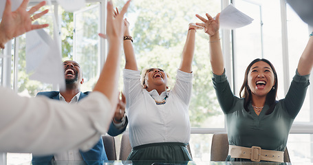 Image showing Business people, throw paperwork and celebrate achievement or corporate success. Teamwork, goals celebration and documents in air for happy, excited employees and smile together or applause in office