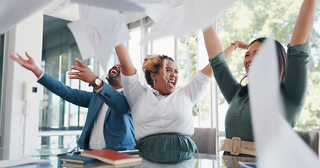Image showing Meeting, celebration and a business team throwing documents during planning in the office boardroom. Success, motivation and teamwork with a man and woman employee winner group celebrating at work