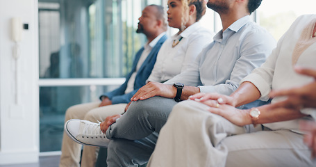 Image showing Group, business people and queue, waiting room or job interview, hiring opportunity or human resources recruitment. Nervous candidates, chairs and patience for HR meeting, recruiting or staff vacancy