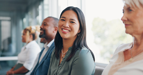 Image showing Face, recruitment or business people in a waiting room for a job interview at human resources office building. Portrait, we are hiring or excited woman in queue for an advertising agency or company