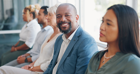 Image showing Hiring, diversity recruitment and businessman in waiting room ready for job interview with human resources. Business people job search, company hr choice and portrait of African candidate in line