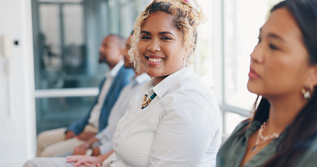 Image showing Woman face, office meeting or business presentation with a worker happy about marketing team. Smile, portrait and female company employee ready for working on corporate strategy in a business meeting