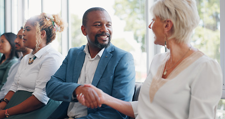 Image showing Business people line, recruitment and handshake for man, woman and hello while waiting for hr staff. Human resources, shaking hands or networking at job interview, friendly or welcome conversation