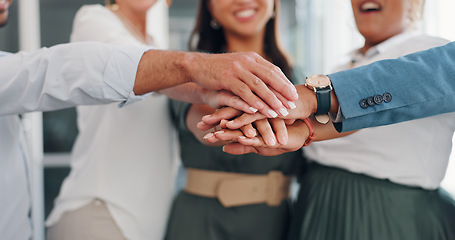 Image showing Teamwork, collaboration and hands of business people in huddle for team building. Support, motivation and unity of group for trust, solidarity or targets, mission or vision, goals or success mindset.