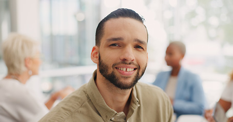 Image showing Portrait, face or businessman in meeting with sales goals, mission target or vision for growth development. Creative, success or happy male employee with smile or positive mindset in office building