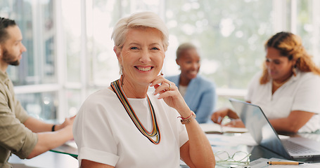 Image showing Meeting, smile and face of a business woman, leader or ceo in the office conference room with employees. Happy, leadership and senior corporate manager working on project with colleagues in workplace