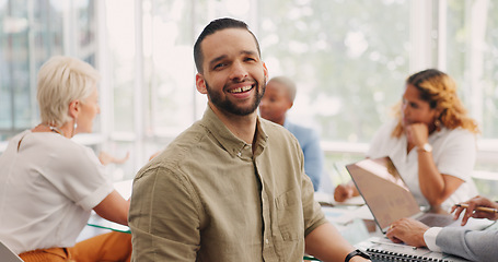 Image showing Planning, happy and face of businessman in meeting for project. management, teamwork and idea. Strategy, marketing and report with portrait of employee for review, analysis and vision in workshop