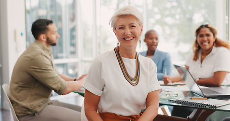 Image showing Elderly business woman, management and smile for team meeting, planning or corporate collaboration at office. Portrait of senior CEO smiling for teamwork, conference or creative startup at workplace