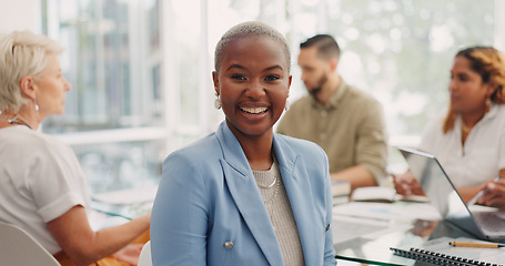 Image showing Face, leadership and happy black woman in meeting for planning sales, marketing or advertising strategy. Ceo, boss and proud female entrepreneur with vision, mission and success mindset in workplace.