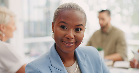 Image showing Face, leadership and happy black woman in meeting for planning sales, marketing or advertising strategy. Ceo, boss and proud female entrepreneur with vision, mission and success mindset in workplace.