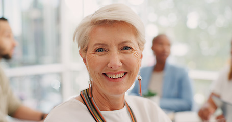 Image showing Happy, smile and face of business woman in office for management, leadership and vision. Professional, planning and future with portrait of ceo in meeting with employee for mindset, career or goals