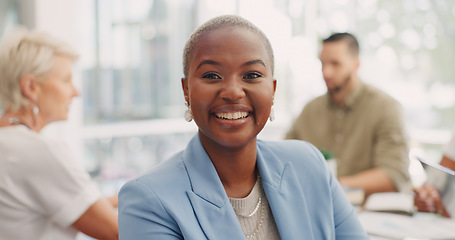 Image showing Black woman, face and smile in office with team, vision and leadership at business meeting for budget. African finance executive, portrait and happy leader with dream, goal and motivation in New York