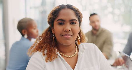 Image showing Face of a business woman in meeting with her corporate team in the office. Happiness, success and portrait of professional female employee from Mexico sitting in workplace discussion
