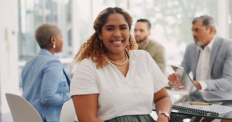 Image showing Face, black woman and leader in meeting, modern office or smile for business. African American female, ceo or entrepreneur with portrait, conversation or manager with confidence and financial advisor