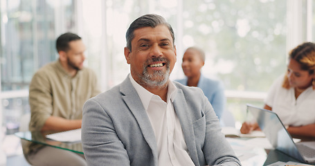 Image showing Businessman, face or office boardroom meeting for company financial planning, investment growth ideas or insurance review. Portrait, smile or happy mature manager, leadership or finance ceo with team