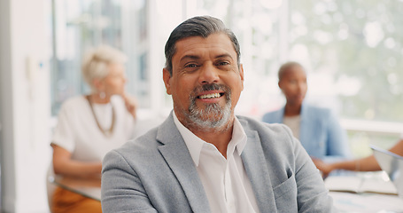 Image showing Portrait, face or happy ceo in a meeting with a smile, success or pride as a businessman with growth mindset. Leadership, mentor or Indian senior manager with project development goals or our vision