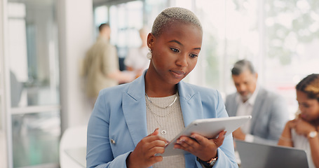 Image showing Black woman, office and tablet for connection, online search and marketing strategy. African American female, ceo and entrepreneur with device, data analysis and meeting for brainstorming and fintech