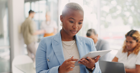 Image showing Woman, thinking or business tablet in coworking space, modern office or digital marketing company on schedule management app. Creative designer, worker or employee on technology and innovation vision