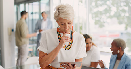 Image showing Business, senior woman and tablet for connection, online reading and typing for startup company in office. Mature female, ceo and leader with device, digital analysis and search internet for fintech