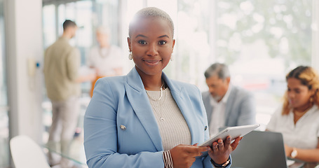 Image showing Face, leadership and black woman with tablet in meeting for advertising or marketing strategy. Boss, ceo and female entrepreneur with touchscreen for research, email or internet browsing in workplace