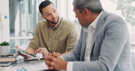 Image showing Business, men and tablet for conversation, brainstorming and fintech in office. Digital, Hispanic ceo and Latino entrepreneur with device, innovation and talking for advertising campaign and meeting.