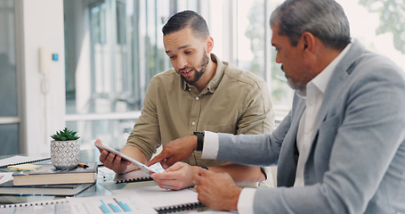 Image showing Planning, review and collaboration with business people and tablet for coaching, idea and project management. Teamwork, strategy and digital with employee for web design, analytics or research goal