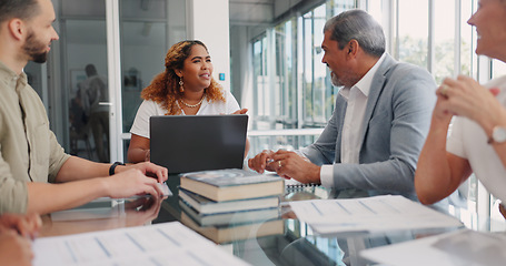 Image showing Leadership, team work or business people in meeting planning our vision, target or sales goals for company growth. Laptop, collaboration or employees talking or speaking of kpi or feedback in office