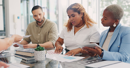 Image showing Business people, documents or teamwork finance meeting for company growth ideas, investment data analysis or office budget planning. Talking financial workers, men or women with insurance bank paper