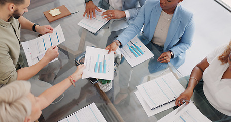 Image showing Office, meeting and hands with documents for financial strategy, planning and company development. Corporate finance people check business information together at workplace table.