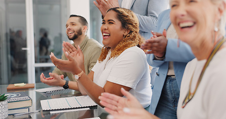 Image showing Business people, applause and happy for business achievement, teamwork support and goals motivation in meeting. Team celebration, collaboration success and employee happiness or winning together