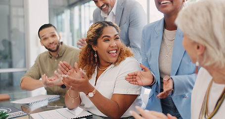 Image showing Business people, applause or success in diversity meeting for marketing teamwork, advertising goals or branding target. Smile, happy or clapping for creative designer, men or women in office growth