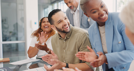 Image showing Success, applause and team celebration in office at startup business meeting or business event. Congratulations, clapping hands and goals, support for winner teamwork, achievement and collaboration.