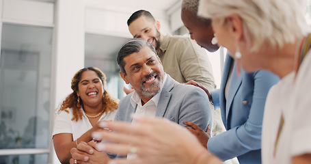 Image showing Business people, clapping or success in diversity meeting for marketing teamwork, advertising goals or branding target. Smile, happy or applause for creative designer, men or women in office growth