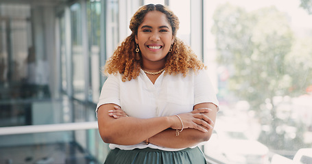 Image showing Face, business and black woman in office, smile and marketing agency. African American female, portrait and entrepreneur with confidence, project manager and advertising for startup company and ceo.