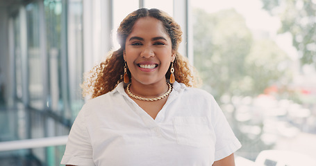 Image showing Business woman, face and office employee happy about future lawyer profession feeling proud. Work window, success and portrait of a law firm employee with professional pride and happiness from job